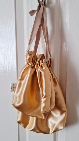Set of 2 gold satin type fabric drawstring bags