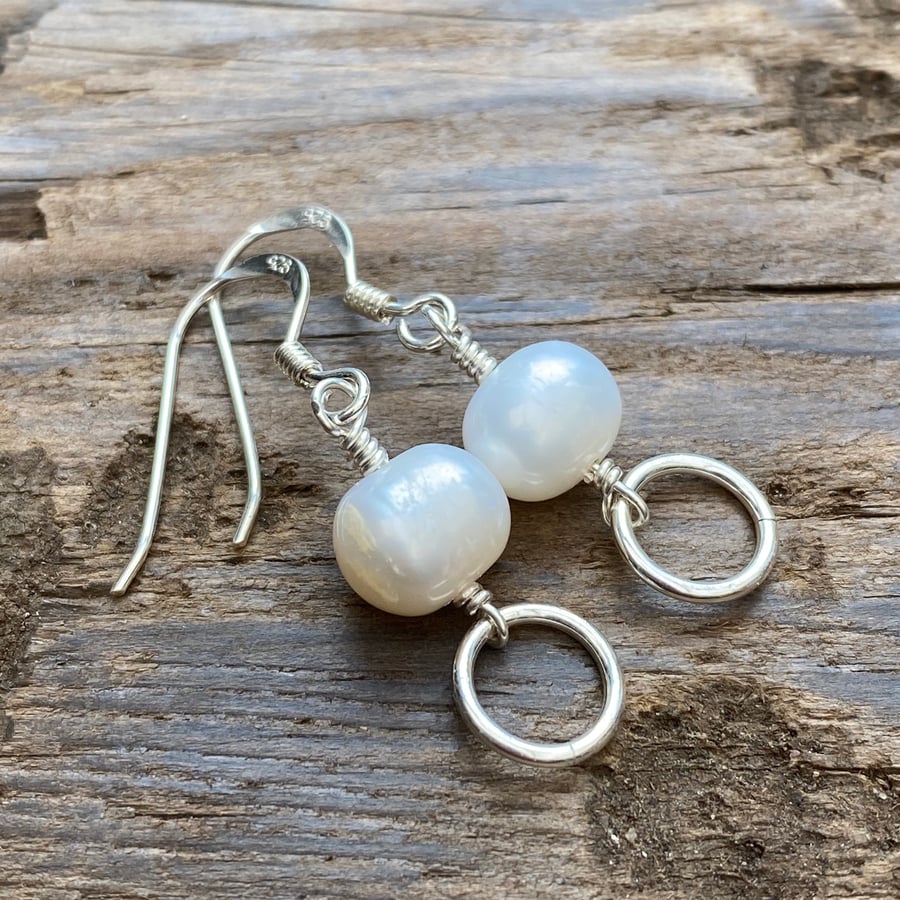 Freshwater pearl and hoop earrings, sterling silver.