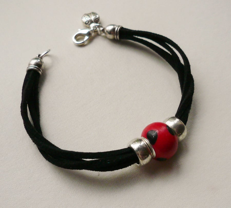 Red and Black Ladybird Themed Tibetan Silver Cord Bracelet   KCJ1530