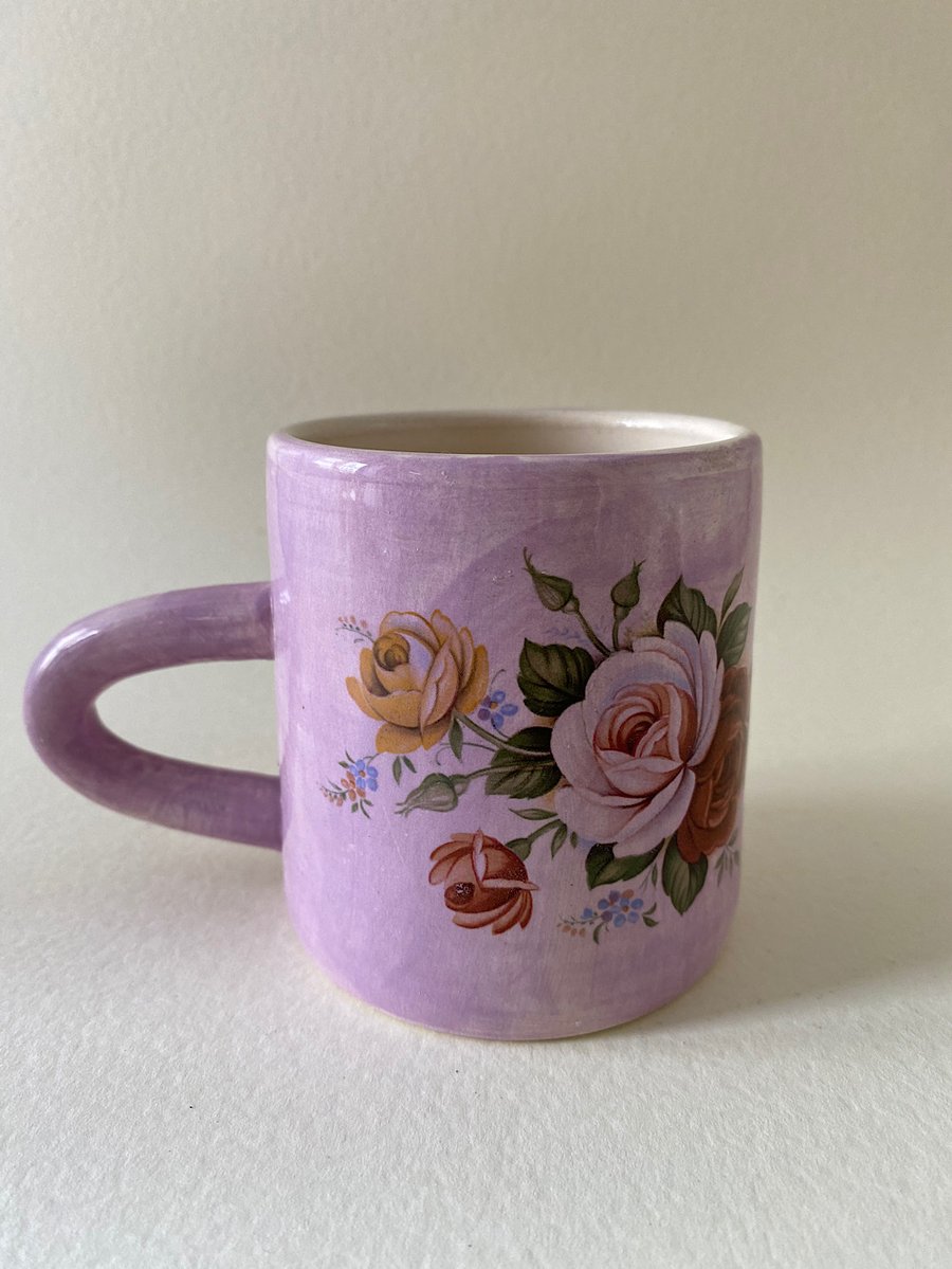 Violet floral handmade ceramic mug.