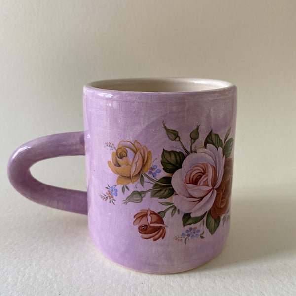 Violet floral handmade ceramic mug.