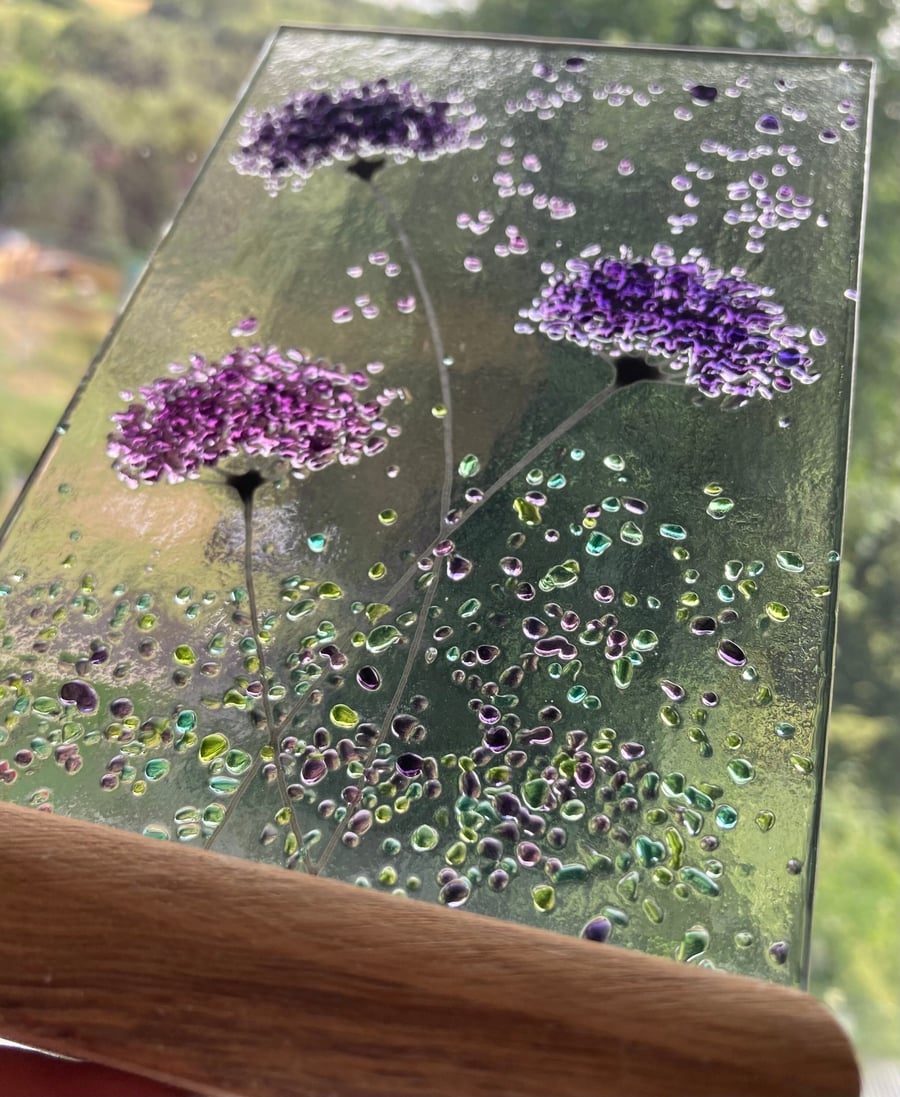 Purple mix whimsical Flower fused glass Art Picture Sun Catcher & Wooden Display