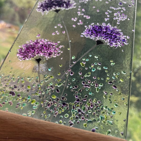 Purple mix whimsical Flower fused glass Art Picture Sun Catcher & Wooden Display