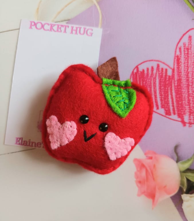 Hand sewn 'apple' pocket hug & pocket hug card,teacher,school (red)