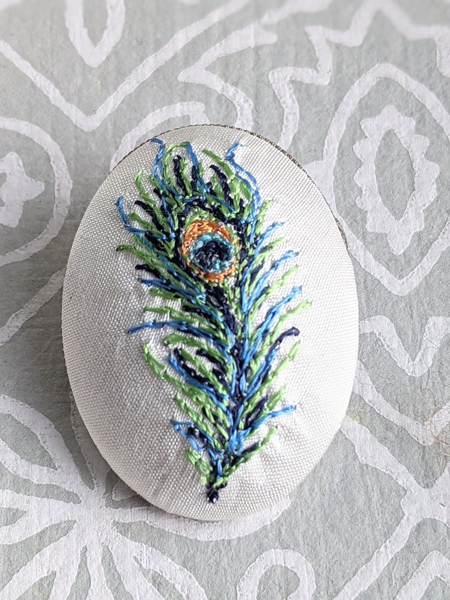 Peacock feather embroidered brooch - Folksy