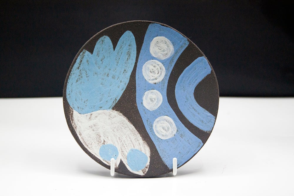 White, Blue Decorative Dish, Black Clay and Underglaze