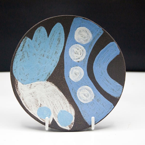 White, Blue Decorative Dish, Black Clay and Underglaze