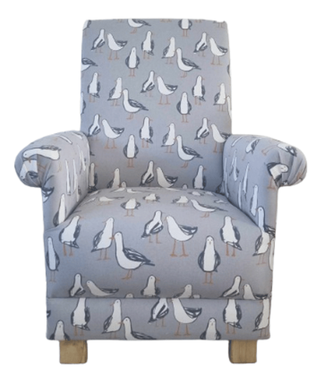 Clarke Seagulls Grey Fabric Adult Chair Armchair Coastal Beach Seaside Accent