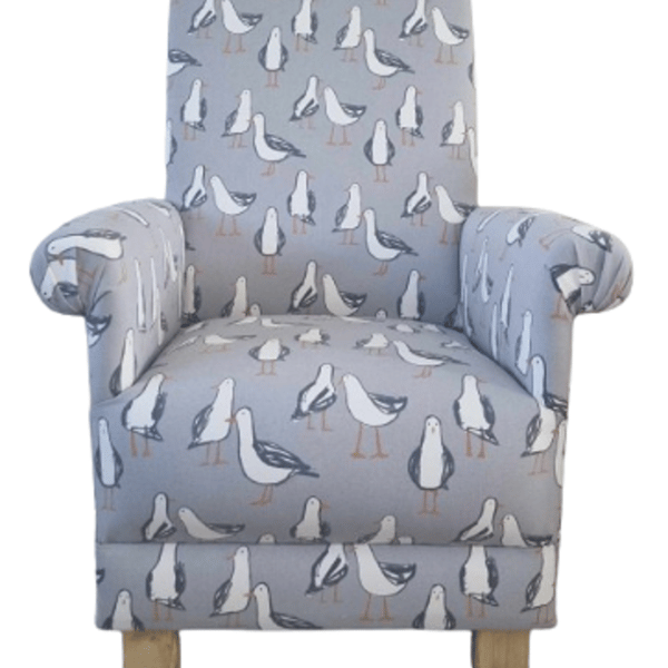Clarke Seagulls Grey Fabric Adult Chair Armchair Coastal Beach Seaside Accent