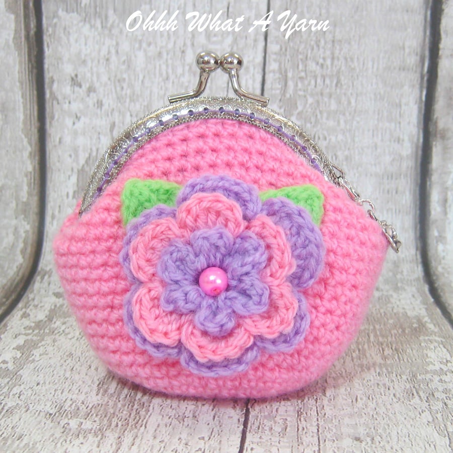 Crochet pink flower coin purse, flower purse, clasp purse, coin purse