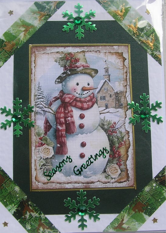 Hand Crafted Decoupage Chistmas Card - Seasons Greetings (2958) - Snowman