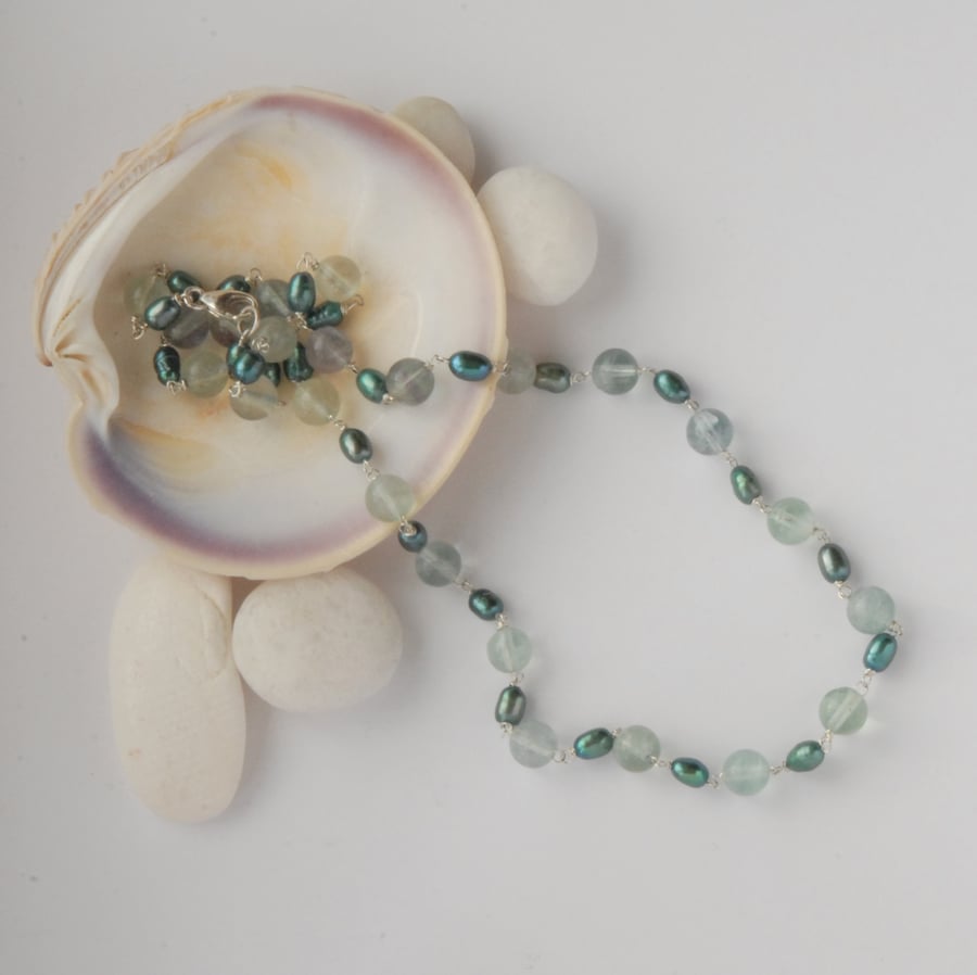 Teal green pearl and minty green fluorite sterling silver necklace