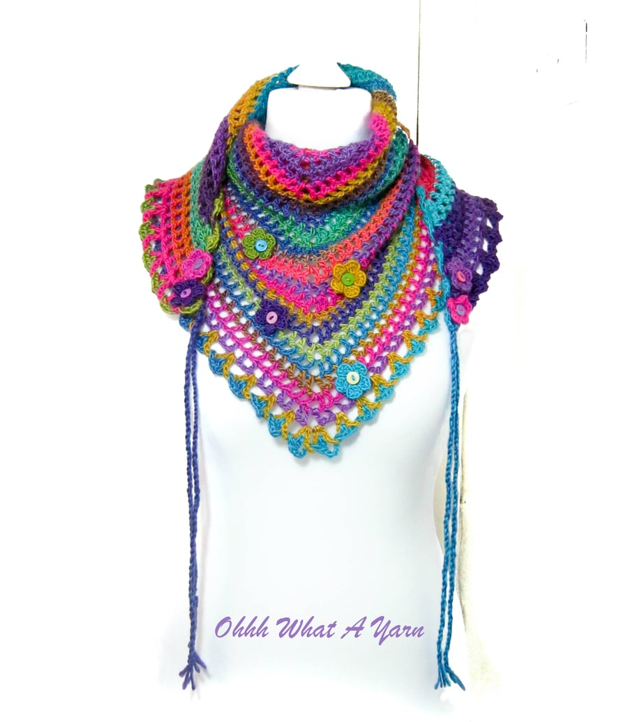 Crochet ladies multi coloured rainbow shawl, scarf, shawlette, wrap