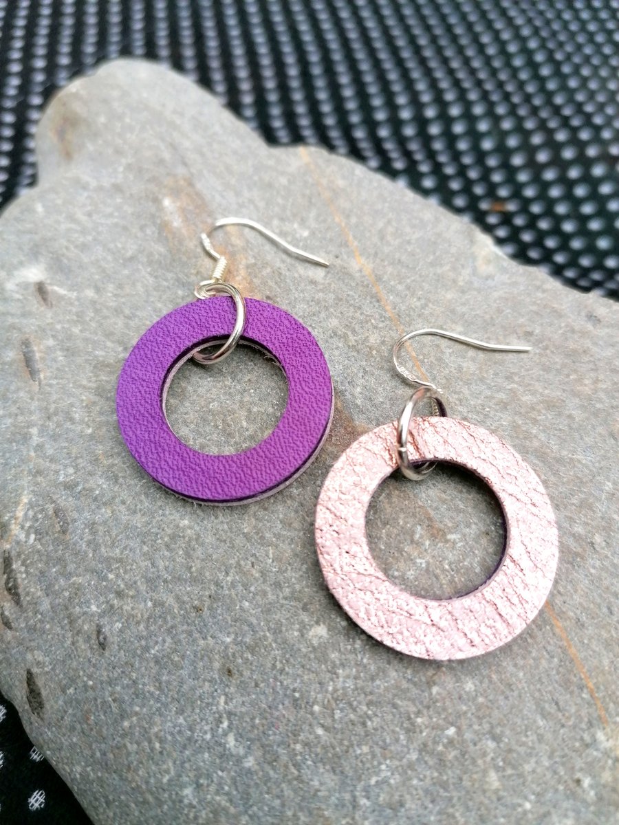 Mini Colour Duo Leather Hoop Earrings - Rose Gold & Violet, Sterling Silver
