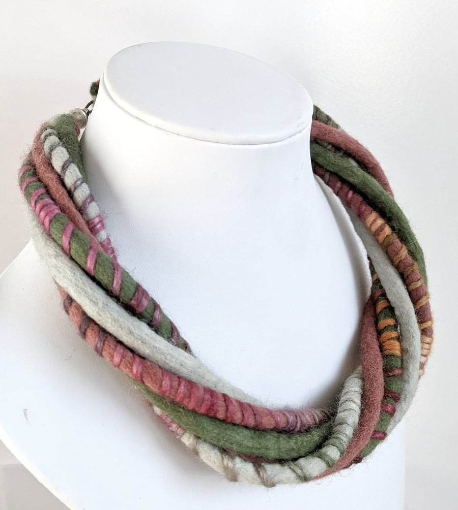 The Wrapped Twist: felted cord necklace in shades of green, stone and mulberry