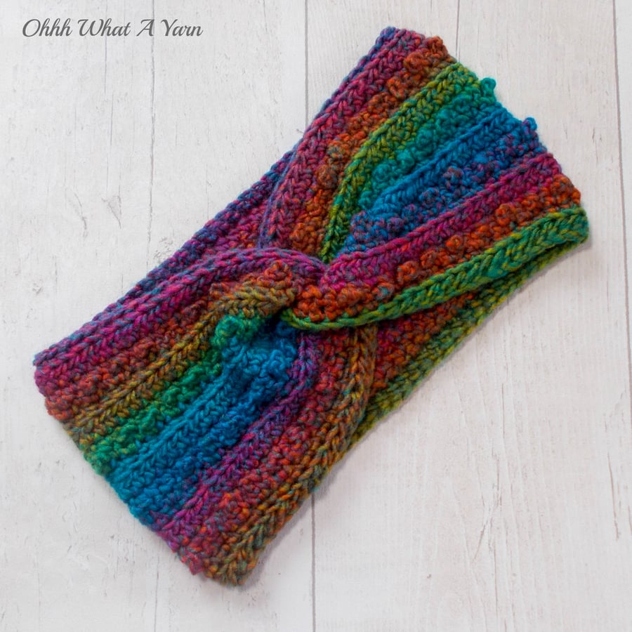 Ladies crochet rainbow twist ear warmer. Crochet ear warmer. Rainbow headband.