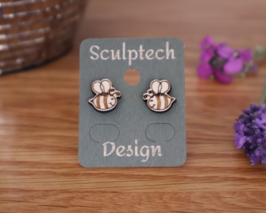 Wood Bumble Bee Earrings, Cute Bee Studs with Hypoallergenic Posts, Handmade