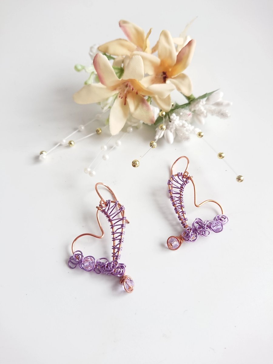 Copper Skew Hearts Purple Weave Earrings 