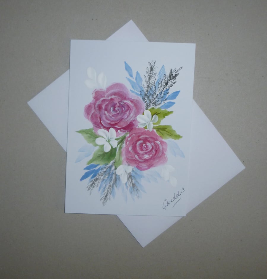 hand painted original art floral greetings card ( ref FA 517 G2 )