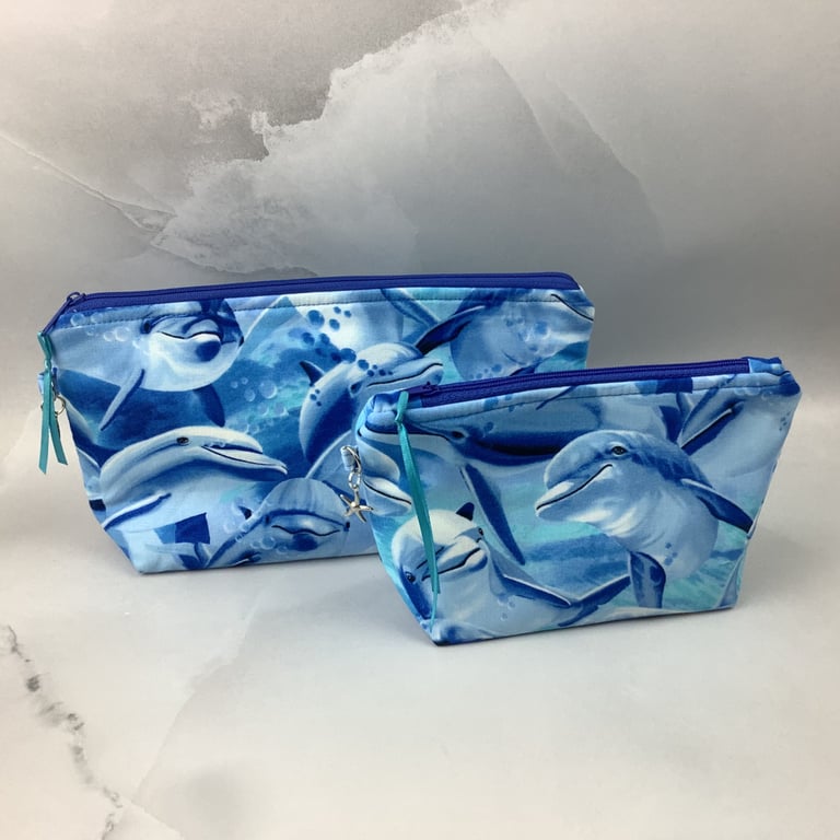 Dolphins makeup bag, Dolphin zip bag, 2 size options, Handmade