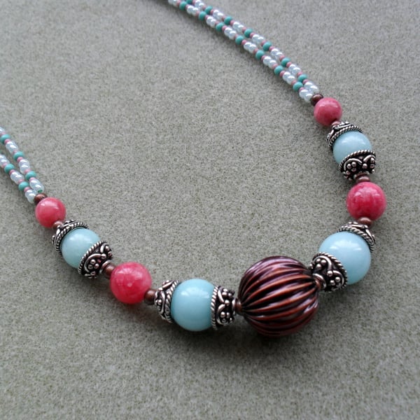 Aqua Blue and Strawberry Pink Semi Precious Gemstone  Earring and Necklace Set