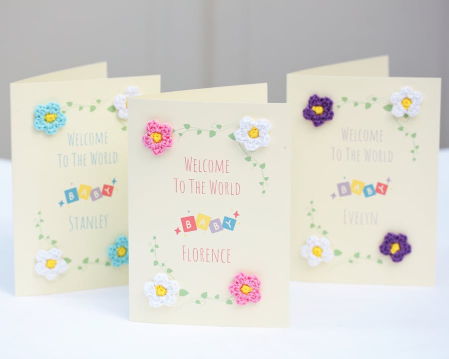 New Baby Card with Personalised Name - Handmade Baby Cards with Crochet Flowers