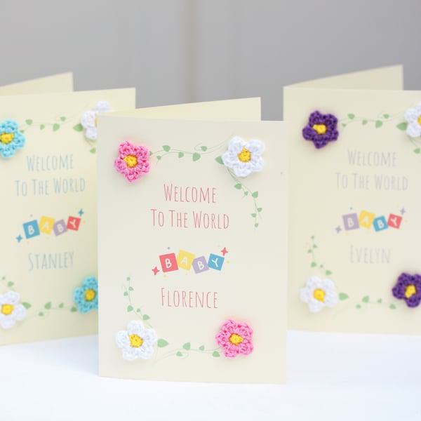 New Baby Card with Personalised Name - Handmade Baby Cards with Crochet Flowers