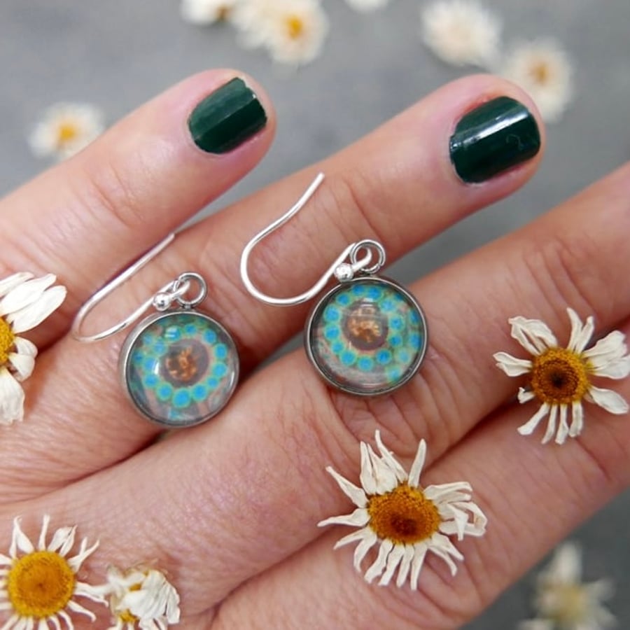Turquoise Floral Dangle Earrings, Flower Art Print Jewellery, Gift for Her