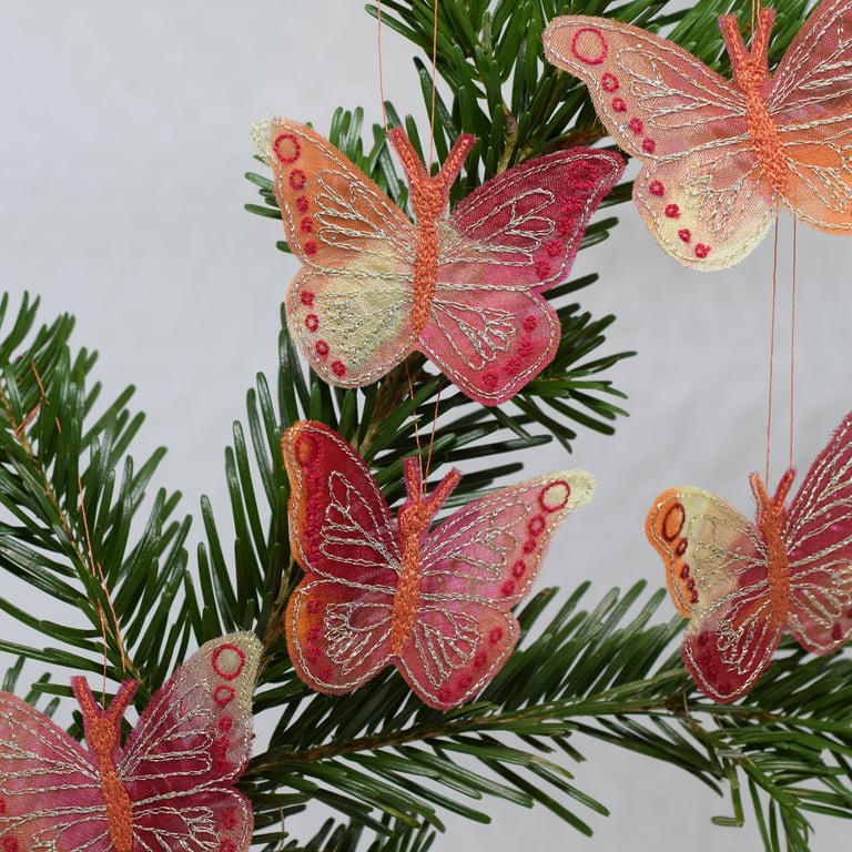 Embroidered Red Butterfly Decorations: Metallic Gold Tree Ornaments (Set of 5)