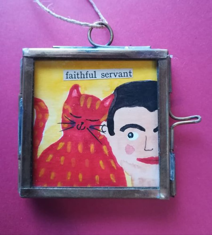 'Faithful Servant' Original Miniature Cat Painting in Hanging Frame