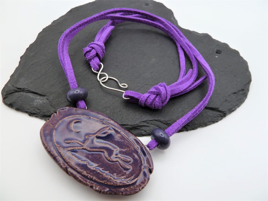 ceramic hare pendant necklace, purple faux suede