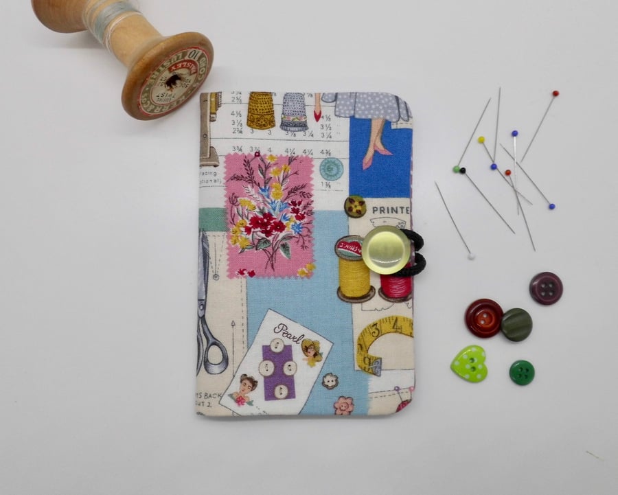 Sewing needle case in vintage dressmaking theme fabric