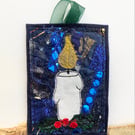 Upcycled embroidered candle with holly home Christmas decoration. 