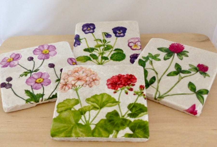 Set of Marble 'Botanical Flower' Coasters