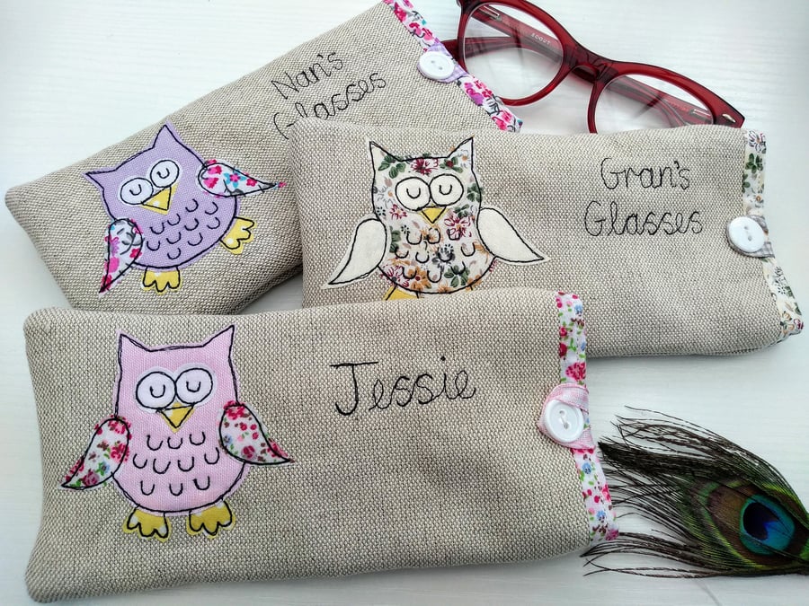 Owl Custom Glasses Case - Oatmeal Linen Sunnies or Spectacles Pouch