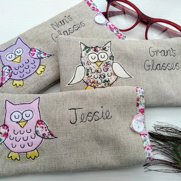 Owl Custom Glasses Case - Oatmeal Linen Sunnies or Spectacles Pouch