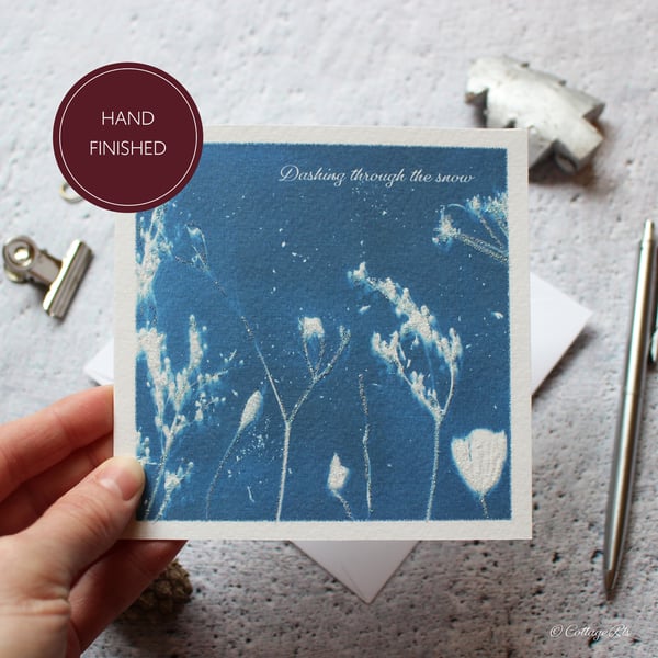 Christmas Card Snowy Winters Day Cyanotype Card Hand Finished By CottageRts