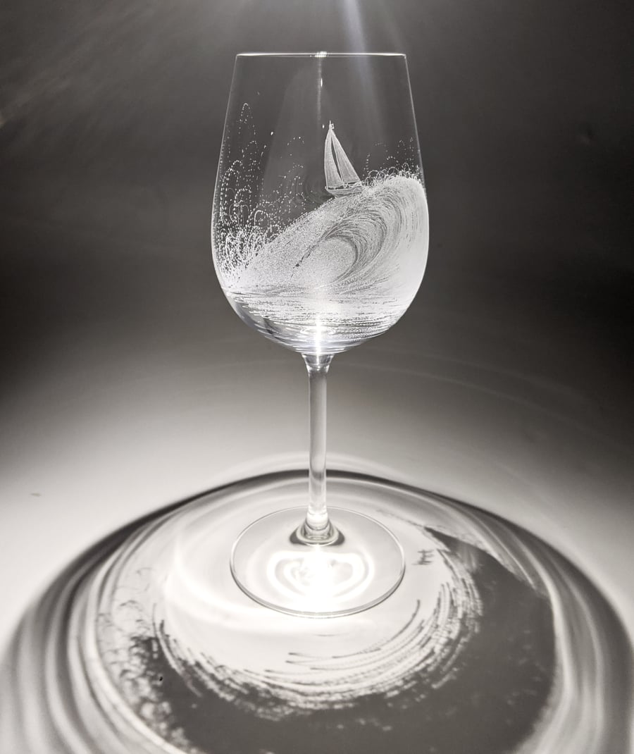 Wave Wine Glasses - Hand Engraved Wine Glasses - Sailing Gift - Glass Art