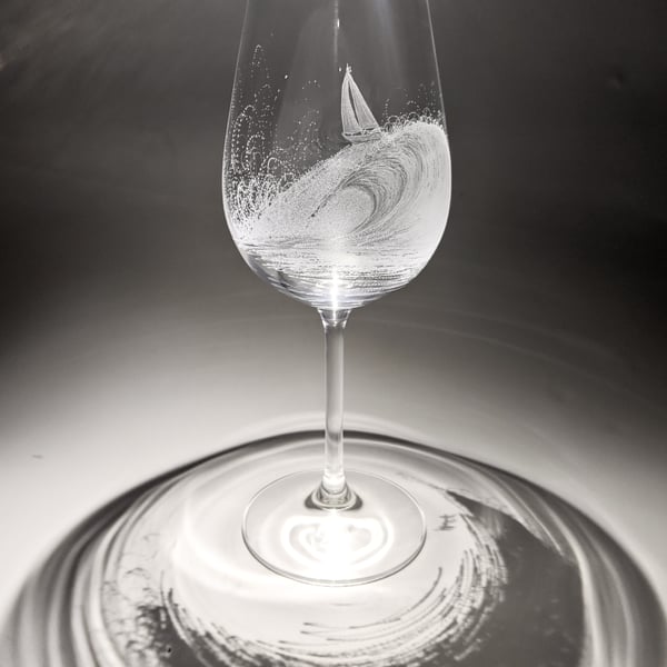 Wave Wine Glasses - Hand Engraved Wine Glasses - Sailing Gift - Glass Art