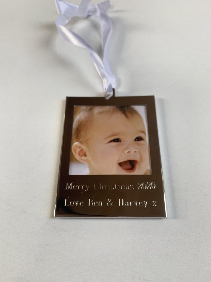 Personalised Engraved Silver Plated Hanging Photo Frame Ideal for Christmas Tree