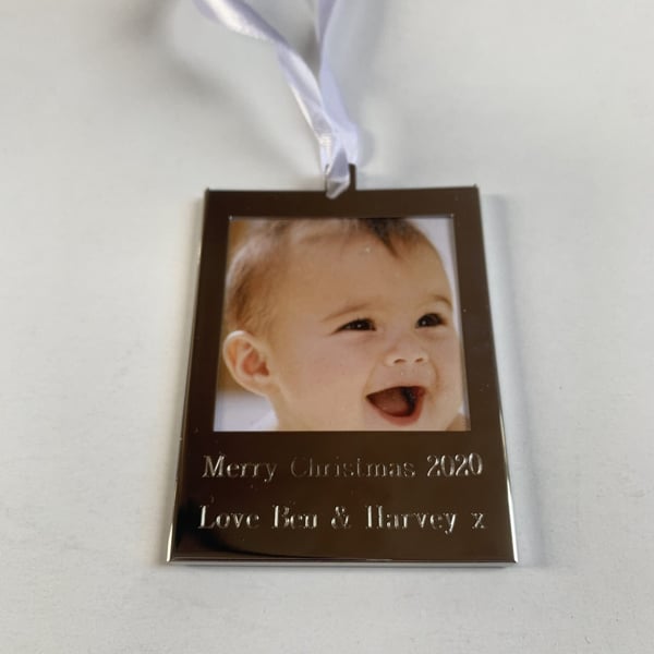 Personalised Engraved Silver Plated Hanging Photo Frame Ideal for Christmas Tree