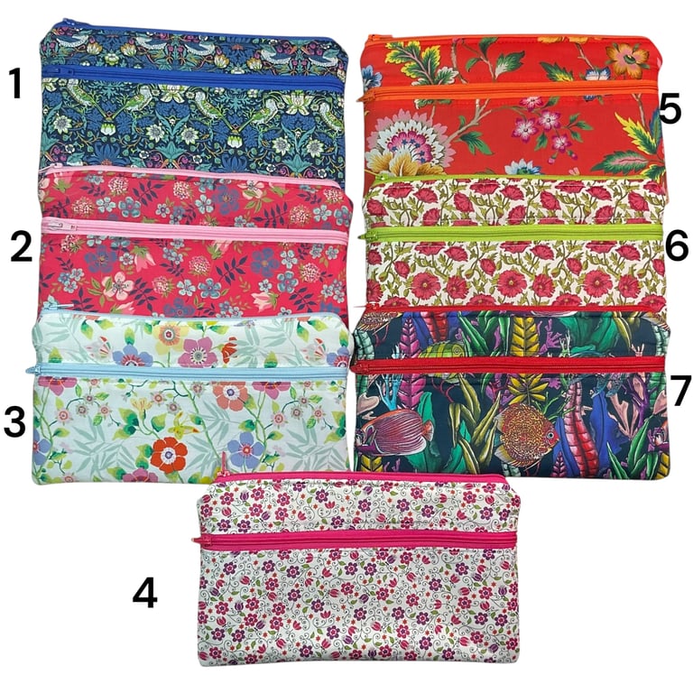 Liberty fabric two pocket pouch, double pocket cosmetics case, 2 section pencil 