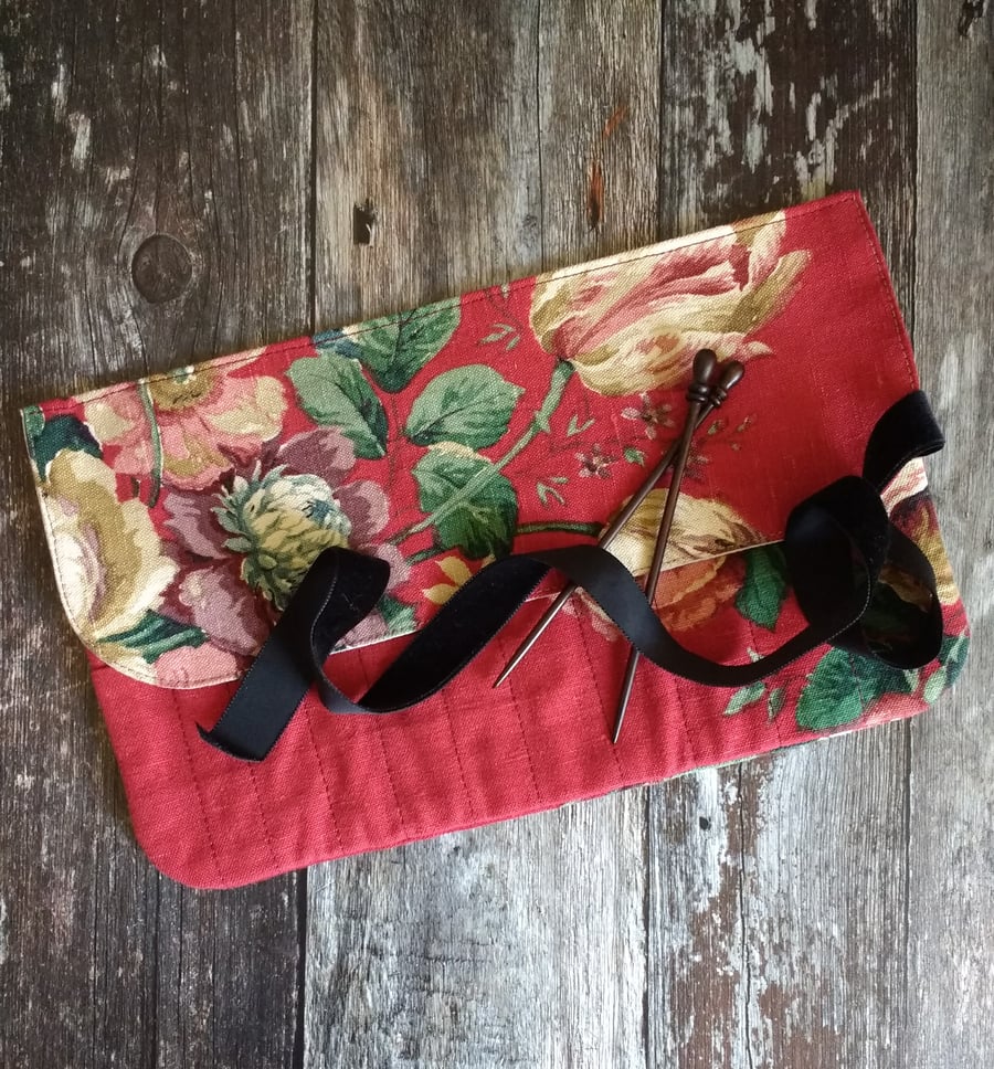 Vintage red linen floral knitting needle wrap