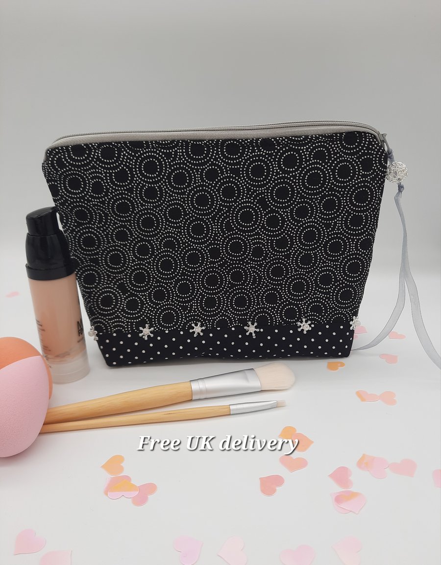 Beaded makeup bag, black and white polkadot cotton. 