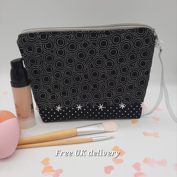 Beaded makeup bag, black and white polkadot cotton. 