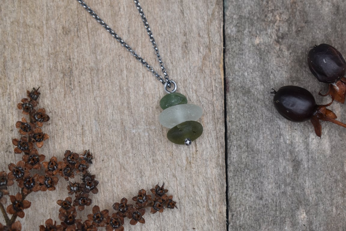 Stacked Sea Glass and Recycled Sterling Silver Necklace, Scottish Sea Glass