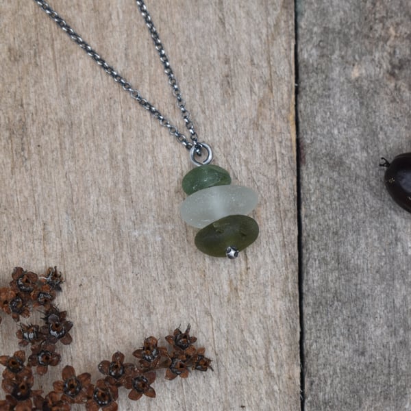 Stacked Sea Glass and Recycled Sterling Silver Necklace, Scottish Sea Glass