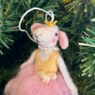 Needlefelted wool ballerina mouse hanging ornament 