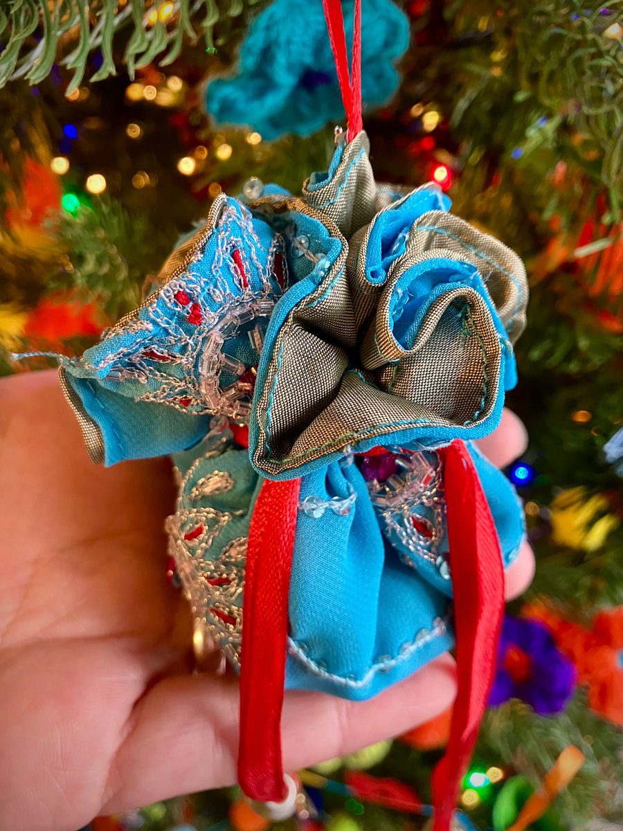 Handmade Reclaimed Sari Gift Pouch – Tree Ornament or Treasure Bag with Charms