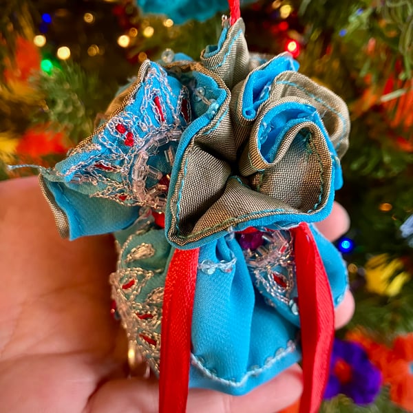 Handmade Reclaimed Sari Gift Pouch – Tree Ornament or Treasure Bag with Charms